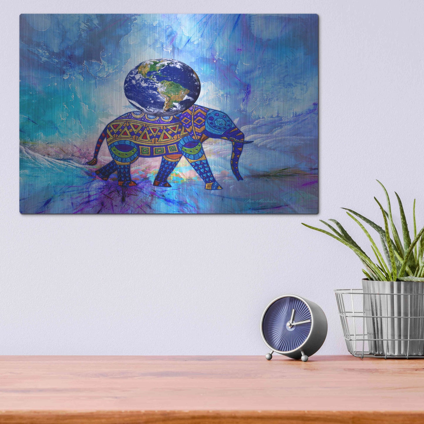 Luxe Metal Art 'Earth On Elephant' by Ata Alishahi, Metal Wall Art,16x12