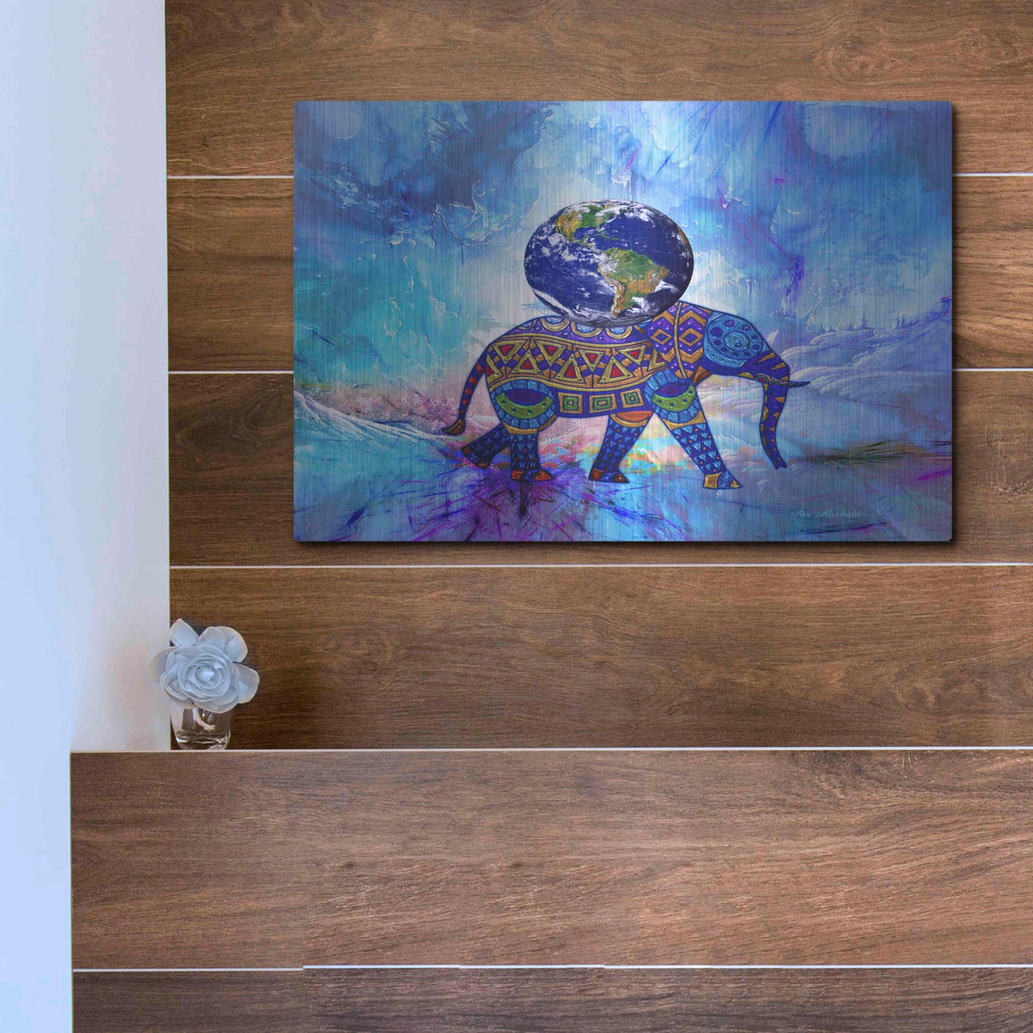 Luxe Metal Art 'Earth On Elephant' by Ata Alishahi, Metal Wall Art,16x12