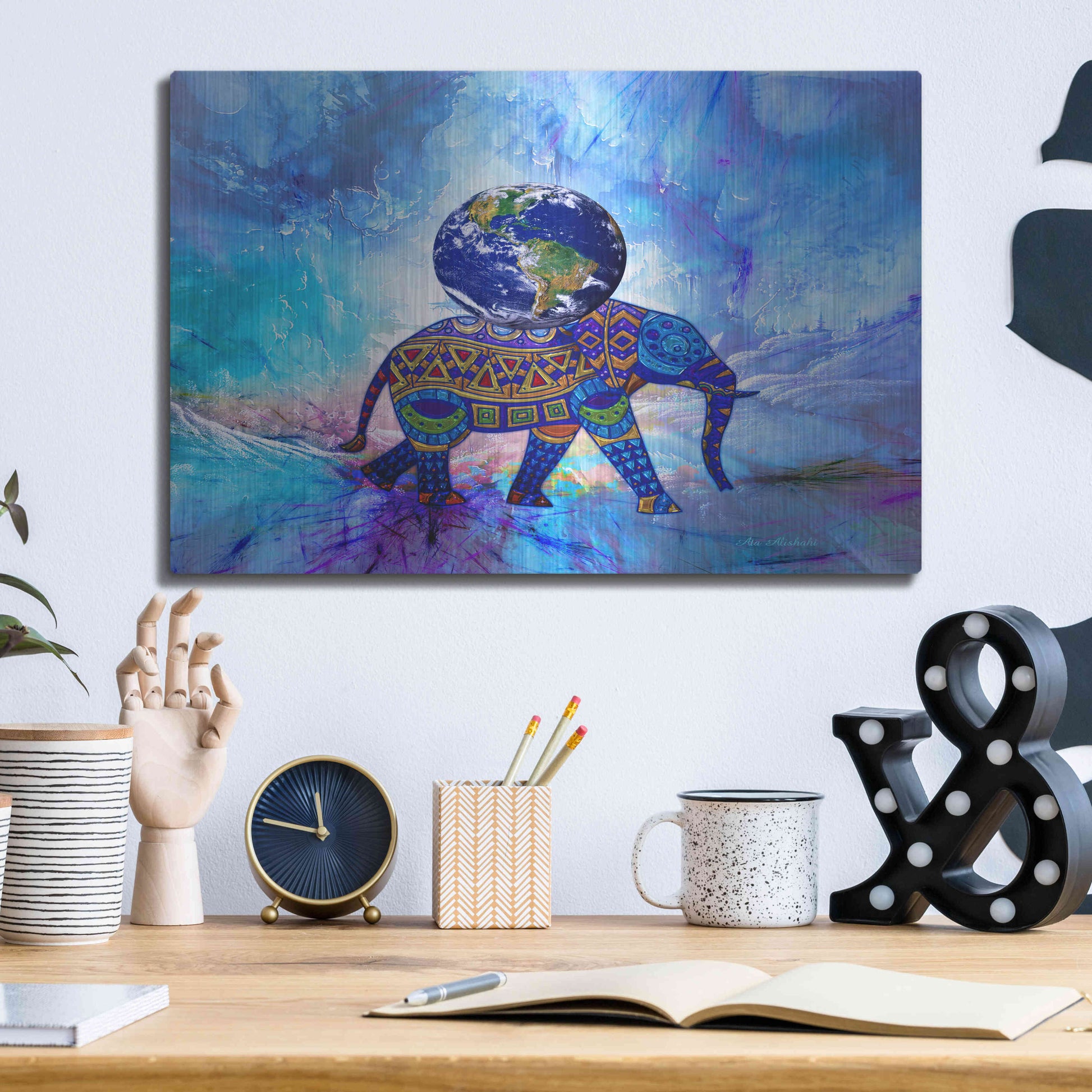 Luxe Metal Art 'Earth On Elephant' by Ata Alishahi, Metal Wall Art,16x12