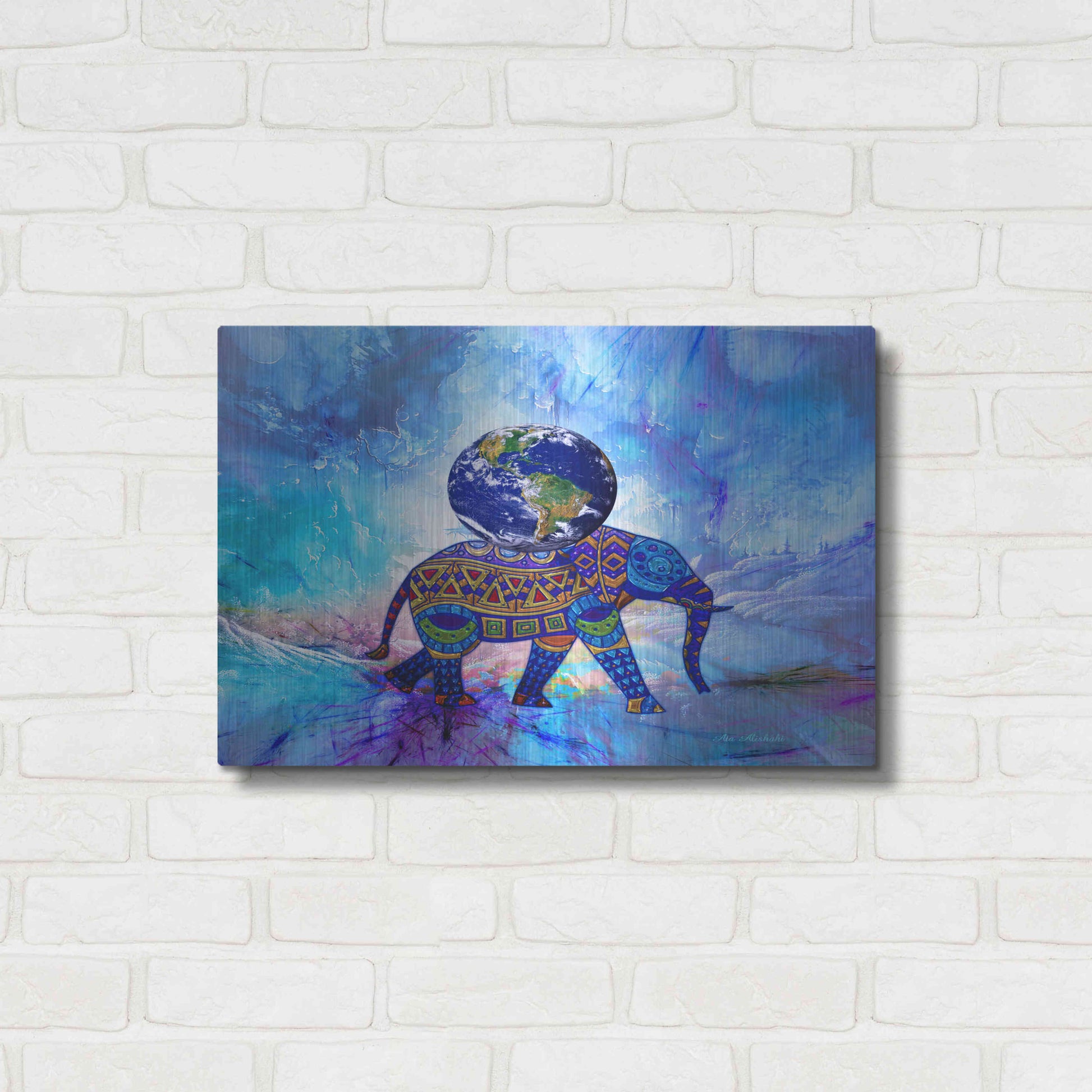 Luxe Metal Art 'Earth On Elephant' by Ata Alishahi, Metal Wall Art,24x16