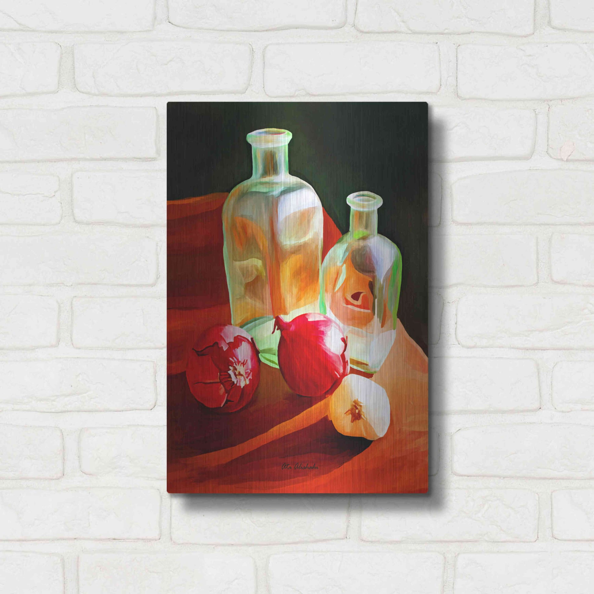 Luxe Metal Art 'Bottles And Onion' by Ata Alishahi, Metal Wall Art,12x16