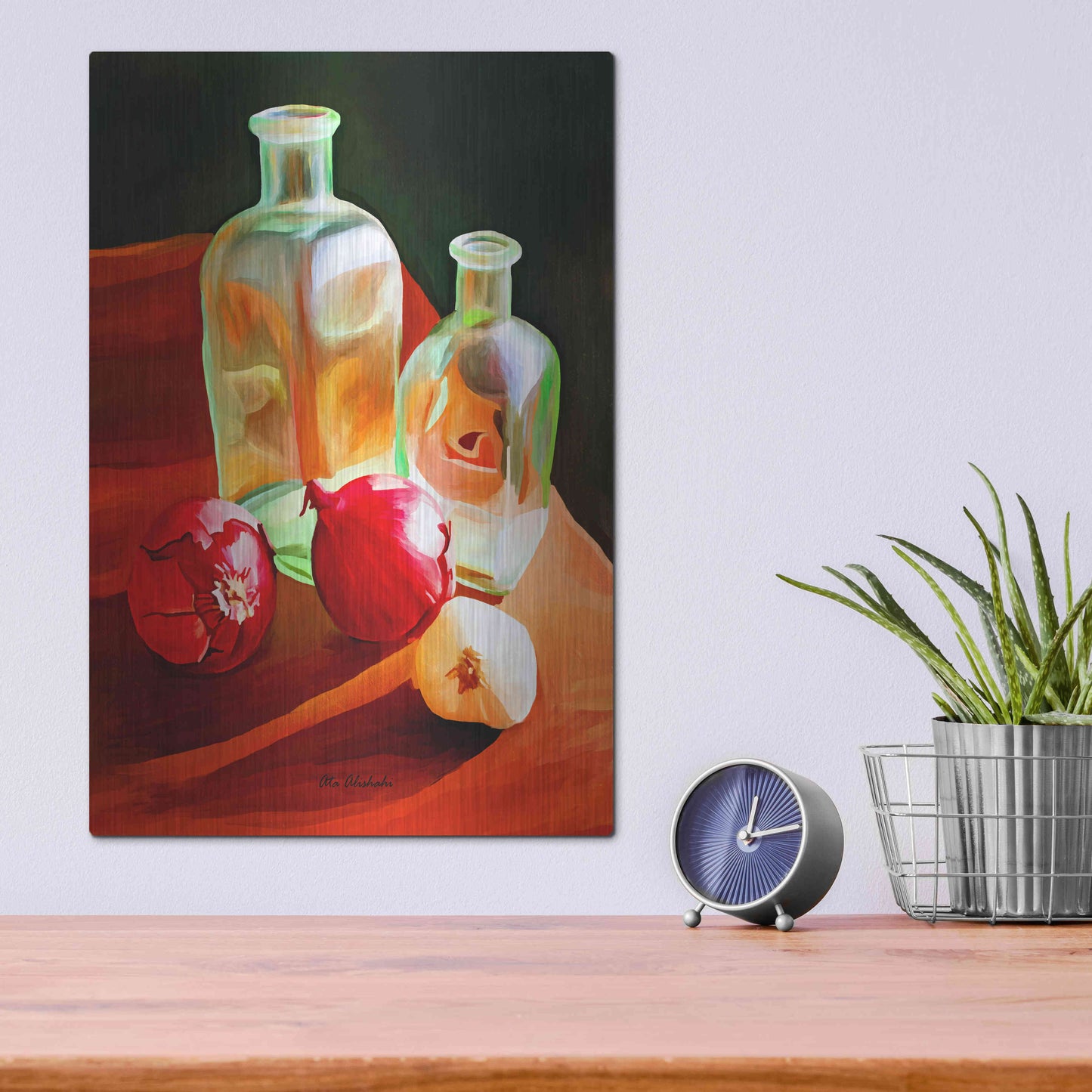 Luxe Metal Art 'Bottles And Onion' by Ata Alishahi, Metal Wall Art,12x16