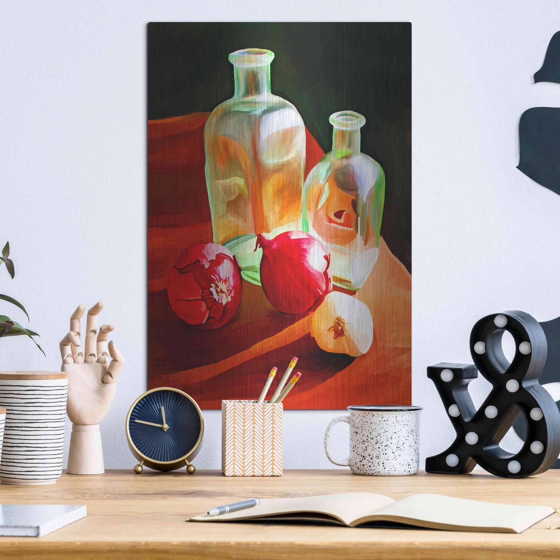 Luxe Metal Art 'Bottles And Onion' by Ata Alishahi, Metal Wall Art,12x16