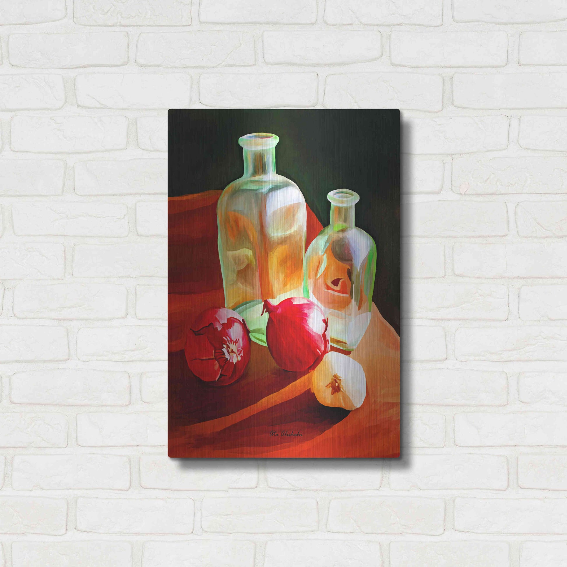 Luxe Metal Art 'Bottles And Onion' by Ata Alishahi, Metal Wall Art,16x24