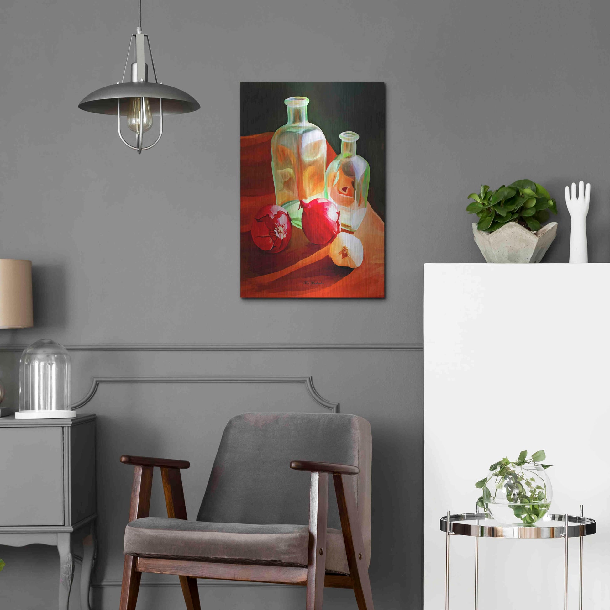 Luxe Metal Art 'Bottles And Onion' by Ata Alishahi, Metal Wall Art,16x24