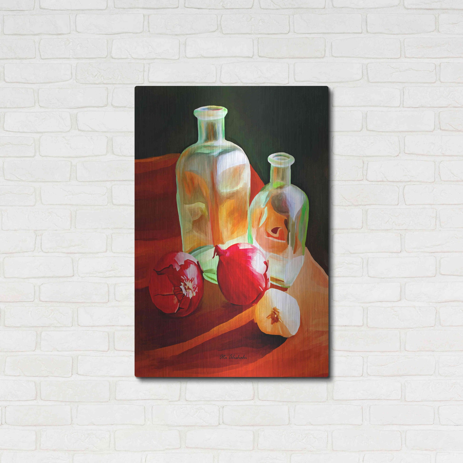 Luxe Metal Art 'Bottles And Onion' by Ata Alishahi, Metal Wall Art,24x36