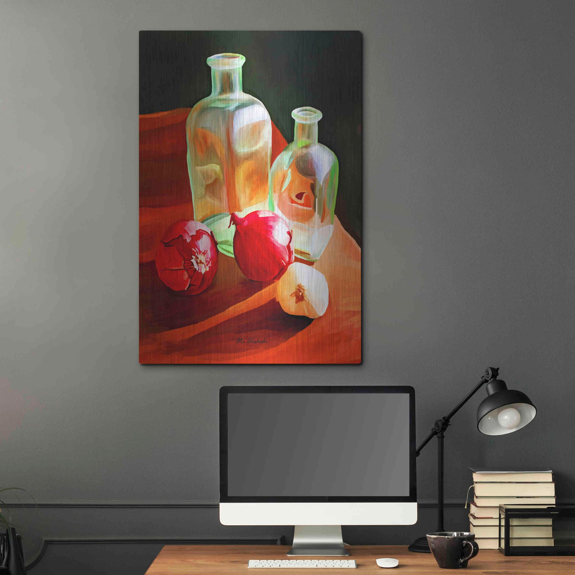 Luxe Metal Art 'Bottles And Onion' by Ata Alishahi, Metal Wall Art,24x36