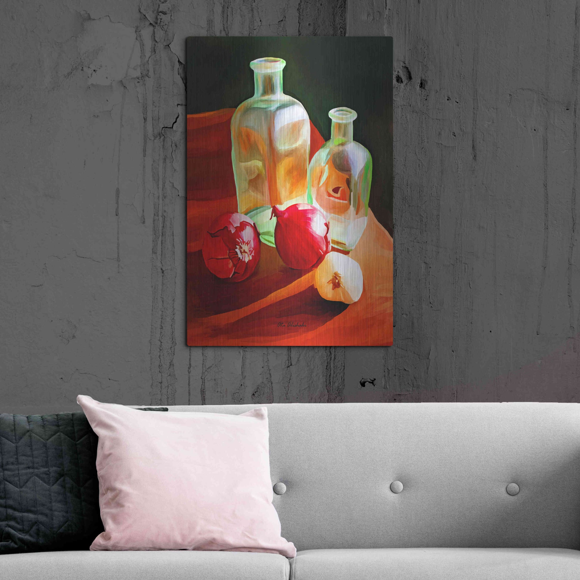 Luxe Metal Art 'Bottles And Onion' by Ata Alishahi, Metal Wall Art,24x36