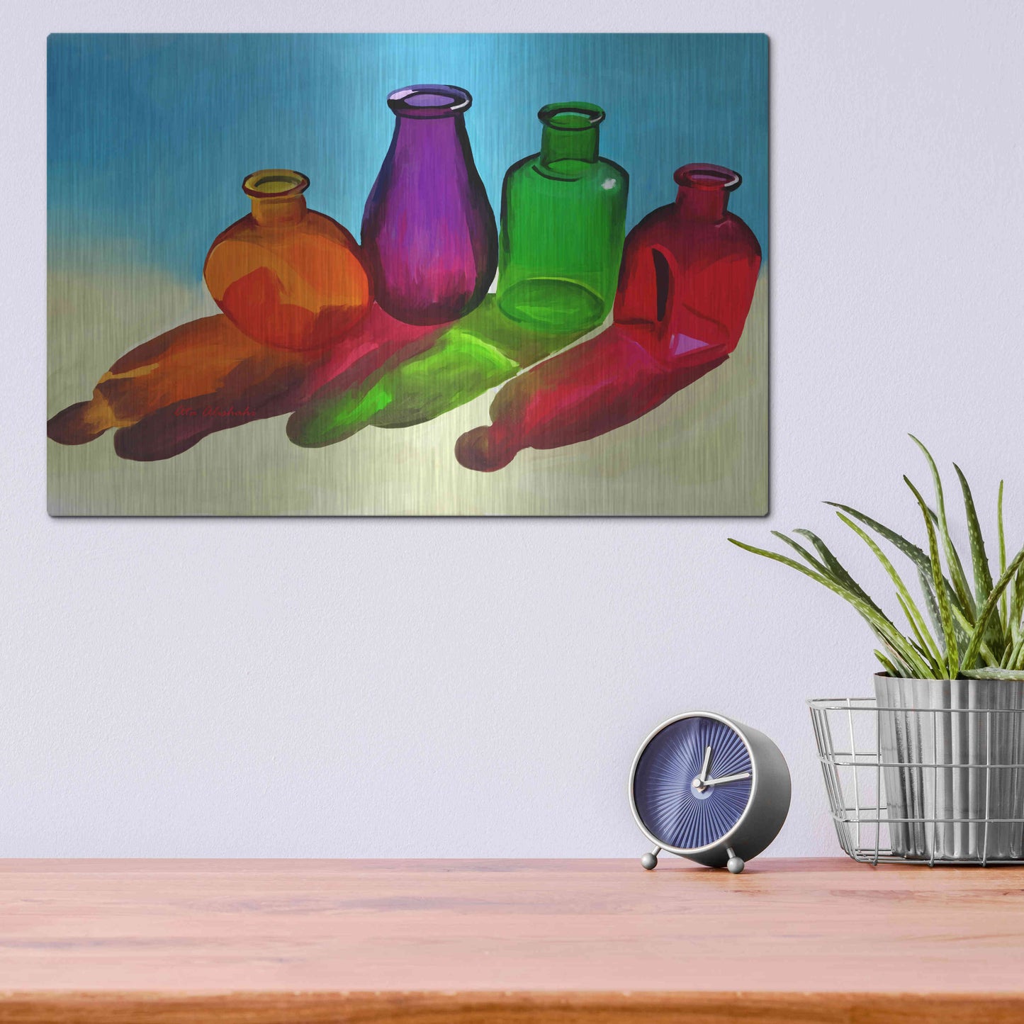 Luxe Metal Art 'Colorful Bottles' by Ata Alishahi, Metal Wall Art,16x12