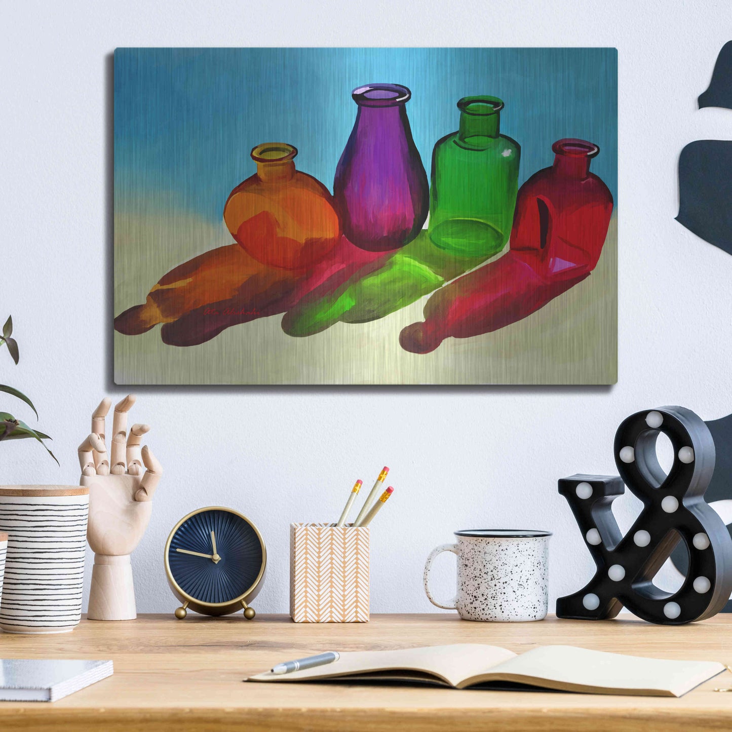 Luxe Metal Art 'Colorful Bottles' by Ata Alishahi, Metal Wall Art,16x12