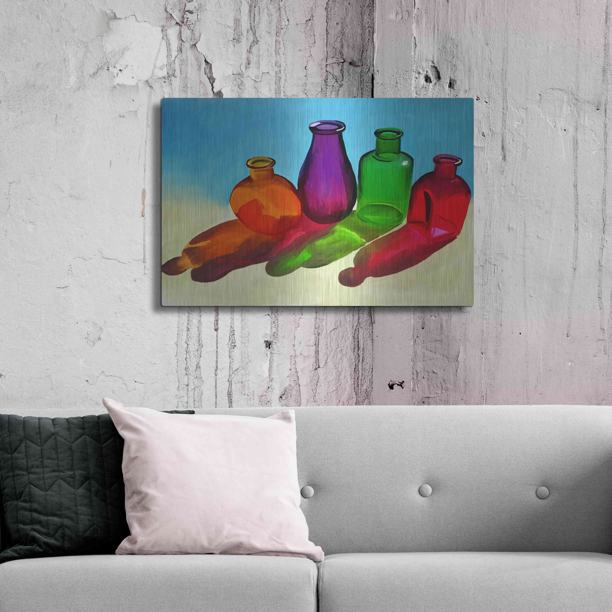 Luxe Metal Art 'Colorful Bottles' by Ata Alishahi, Metal Wall Art,36x24