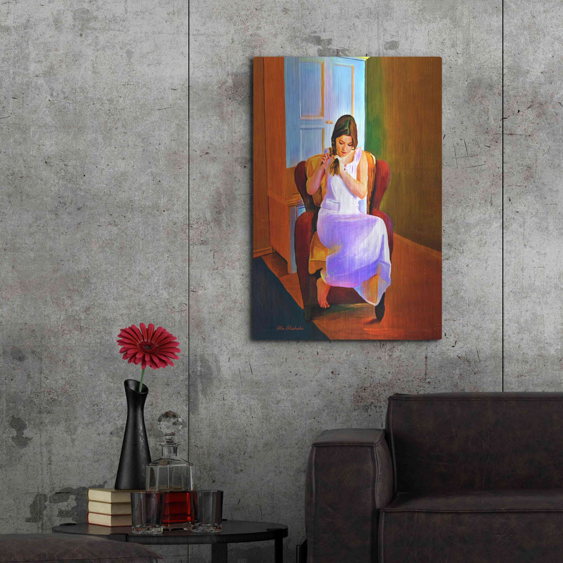 Luxe Metal Art 'Lady Sitting On A Chair' by Ata Alishahi, Metal Wall Art,24x36