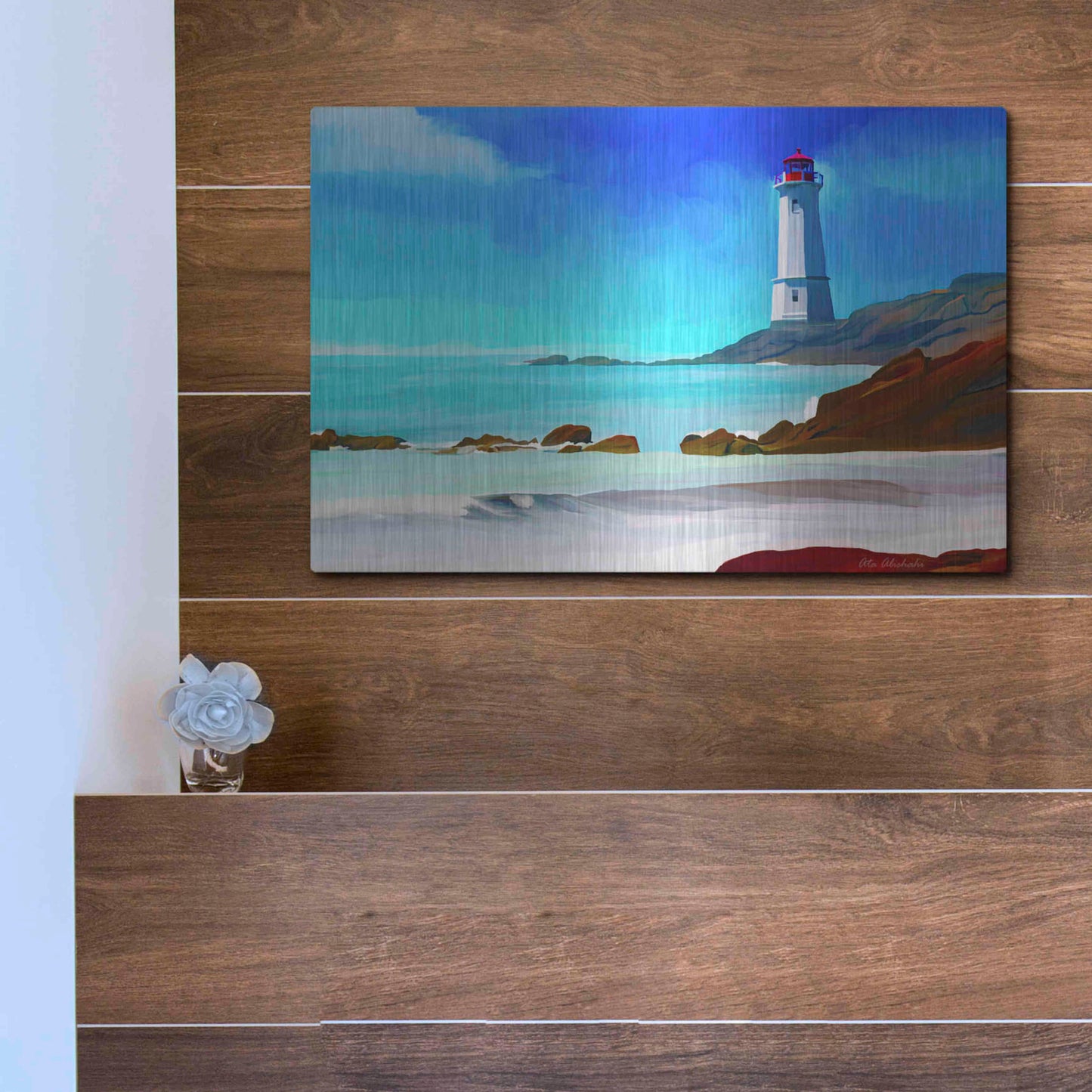 Luxe Metal Art 'White Lighthouse' by Ata Alishahi, Metal Wall Art,16x12