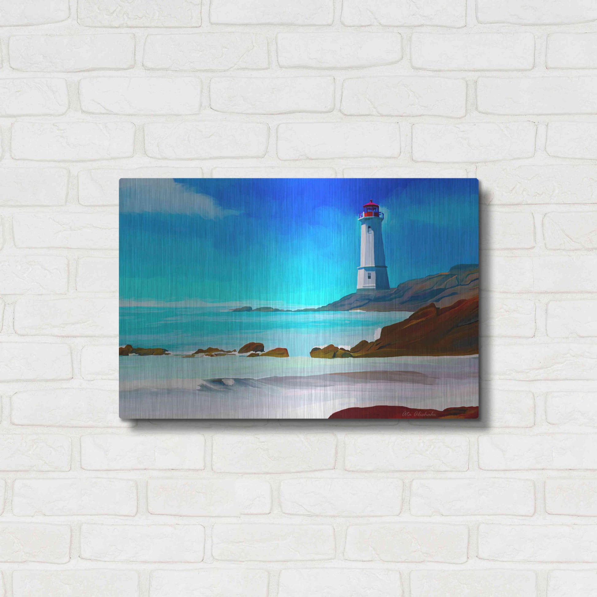 Luxe Metal Art 'White Lighthouse' by Ata Alishahi, Metal Wall Art,24x16