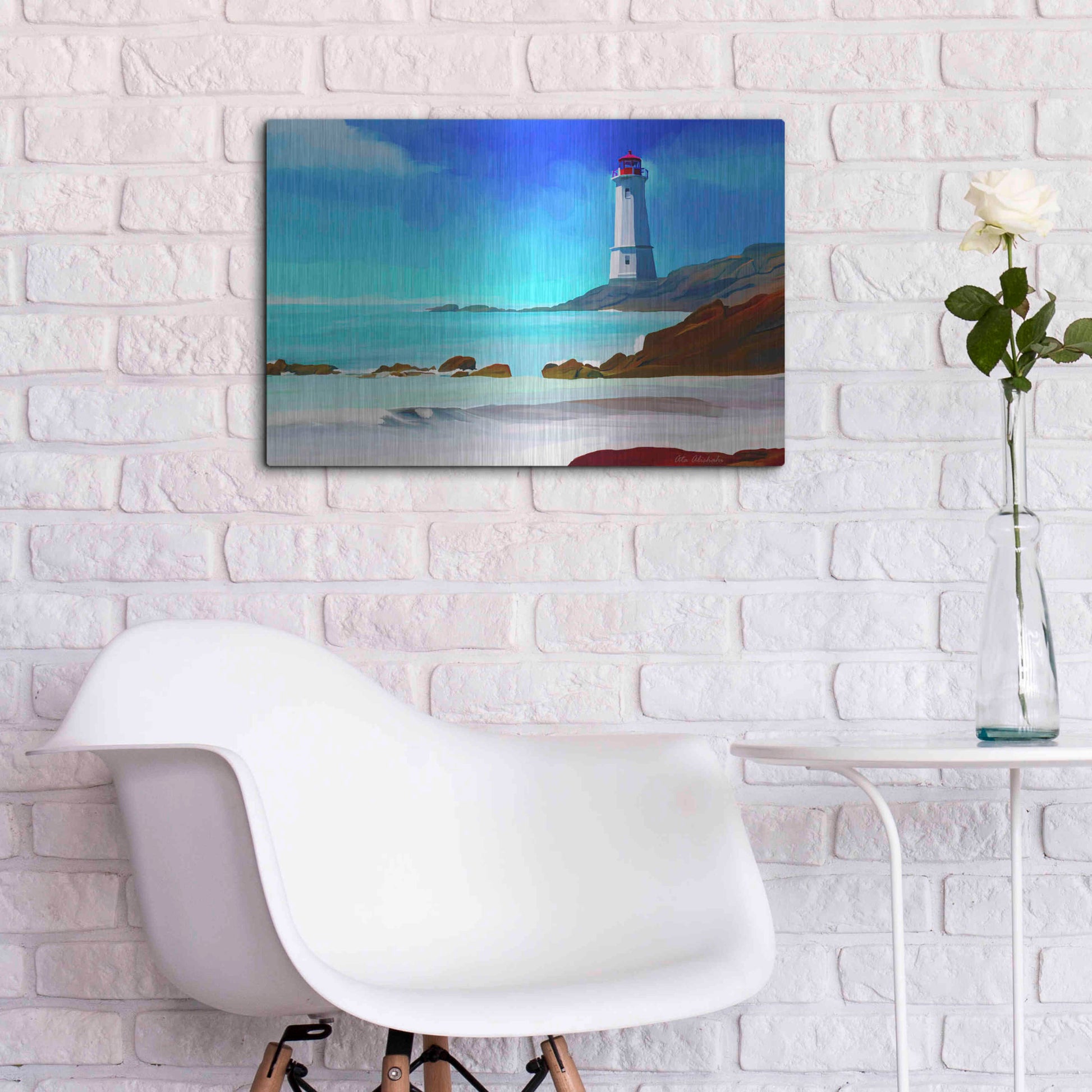 Luxe Metal Art 'White Lighthouse' by Ata Alishahi, Metal Wall Art,24x16