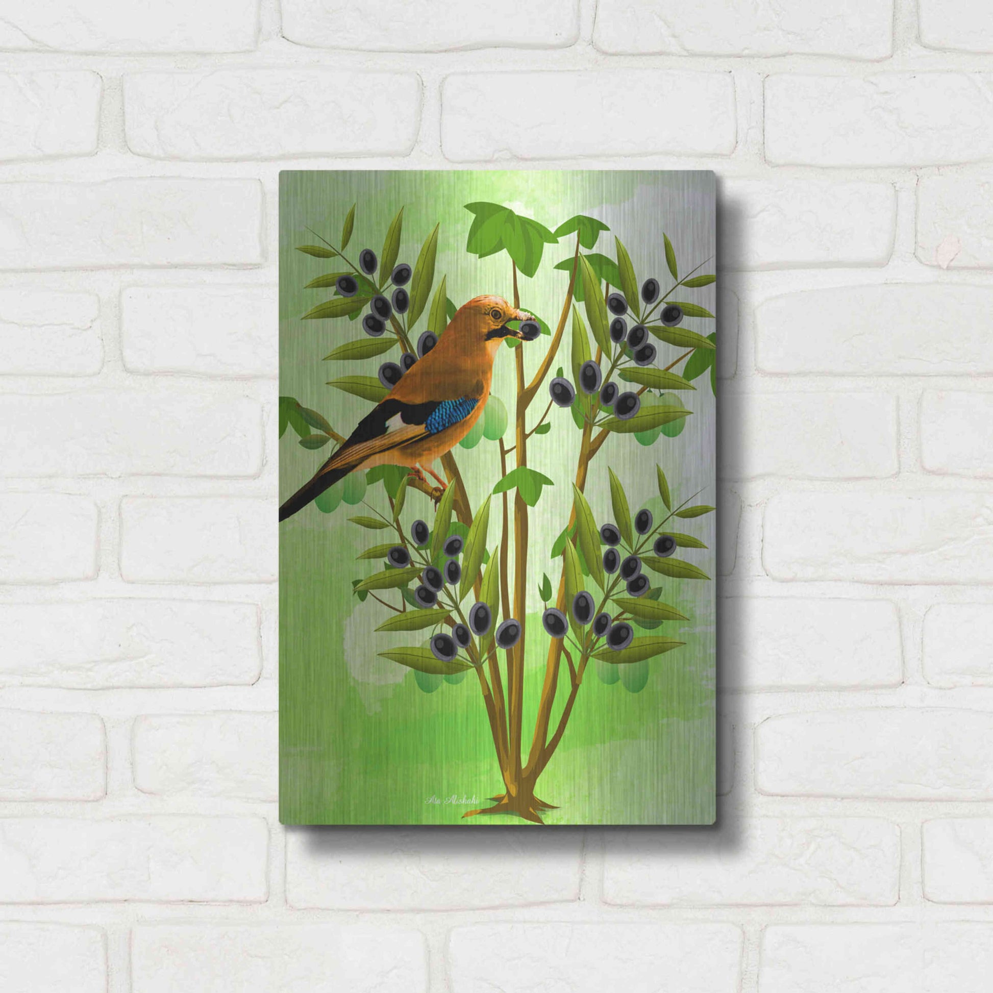 Luxe Metal Art 'Bird on Plant' by Ata Alishahi, Metal Wall Art,12x16