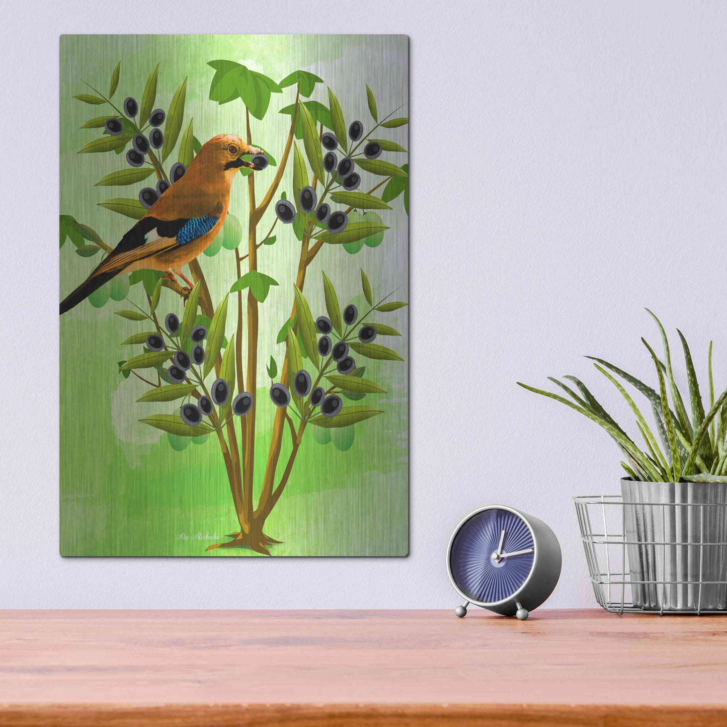 Luxe Metal Art 'Bird on Plant' by Ata Alishahi, Metal Wall Art,12x16