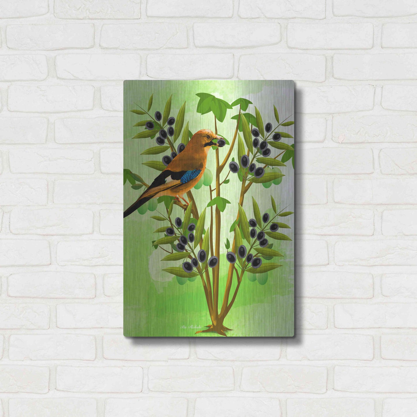 Luxe Metal Art 'Bird on Plant' by Ata Alishahi, Metal Wall Art,16x24