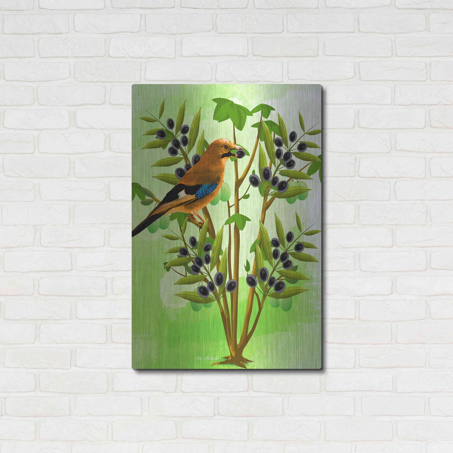 Luxe Metal Art 'Bird on Plant' by Ata Alishahi, Metal Wall Art,24x36