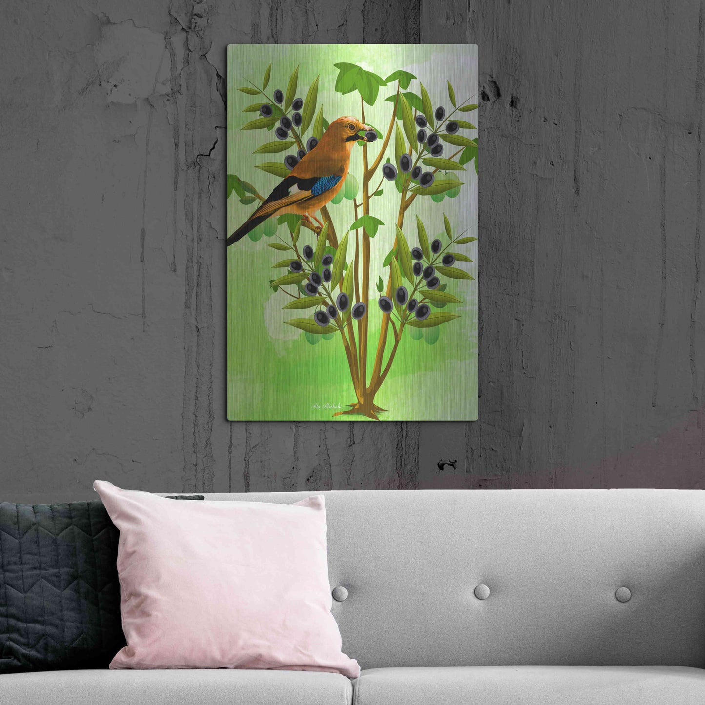 Luxe Metal Art 'Bird on Plant' by Ata Alishahi, Metal Wall Art,24x36