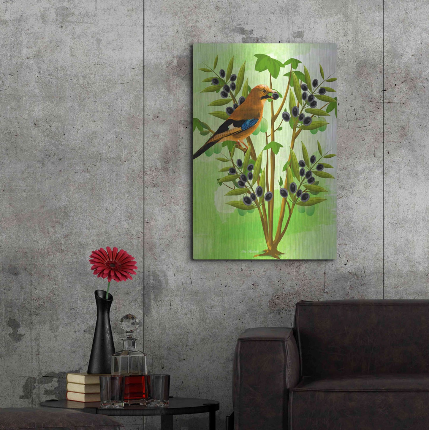 Luxe Metal Art 'Bird on Plant' by Ata Alishahi, Metal Wall Art,24x36