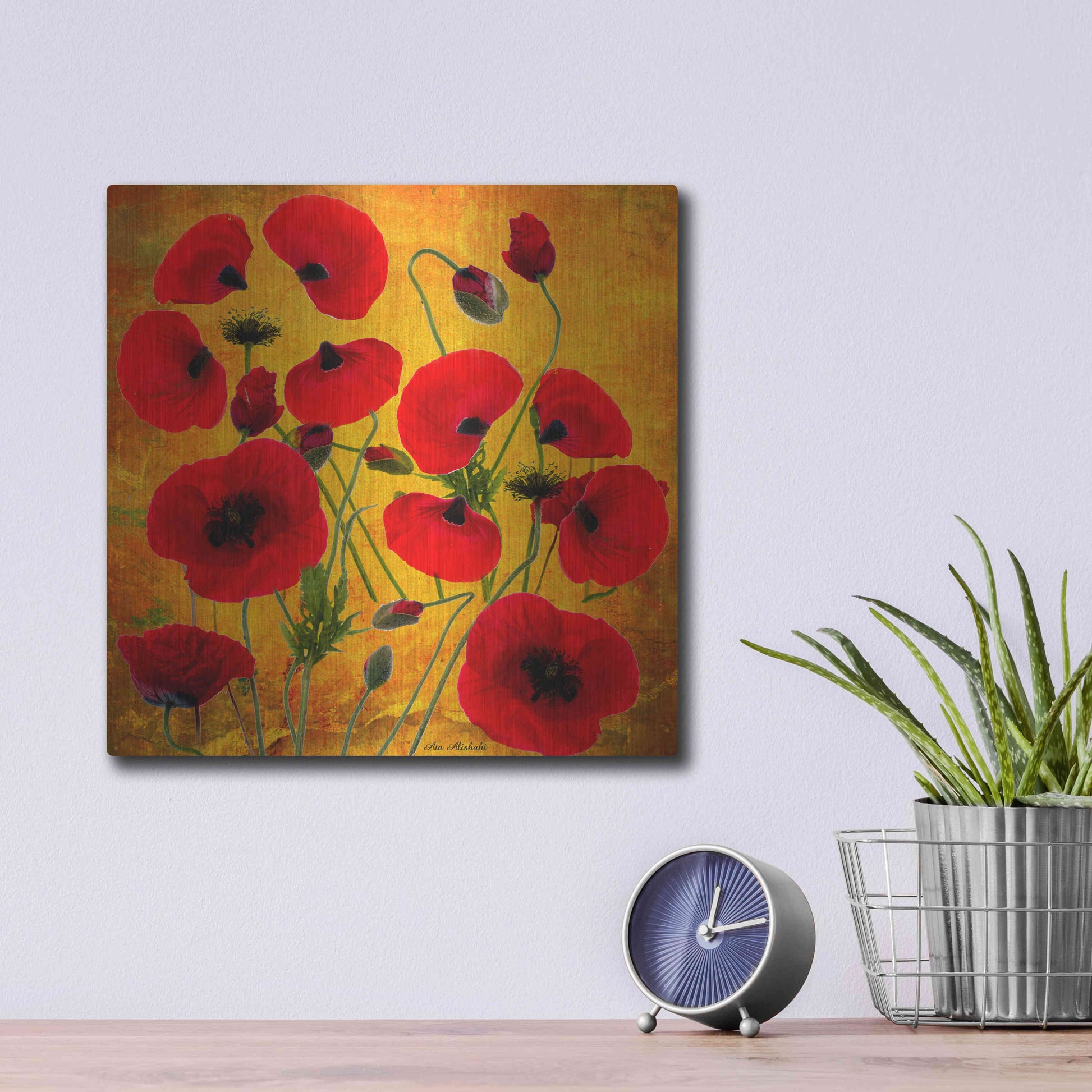 Luxe Metal Art 'Poppy Flowers 2' by Ata Alishahi, Metal Wall Art,12x12