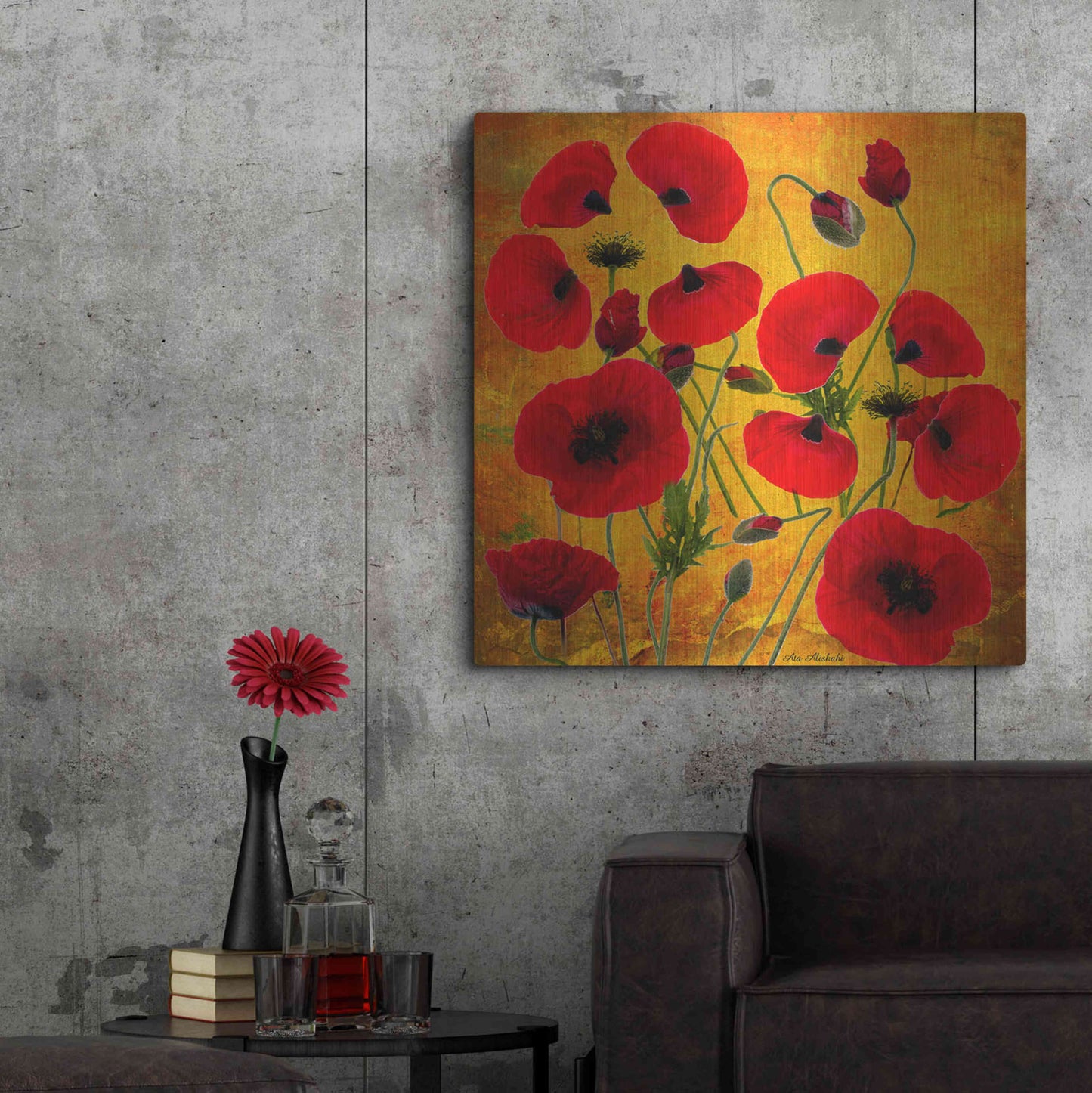 Luxe Metal Art 'Poppy Flowers 2' by Ata Alishahi, Metal Wall Art,36x36