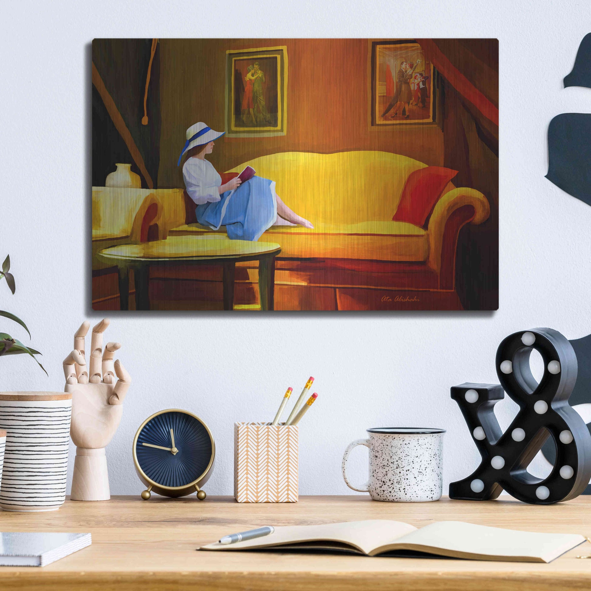 Luxe Metal Art 'Lady Reading 1' by Ata Alishahi, Metal Wall Art,16x12