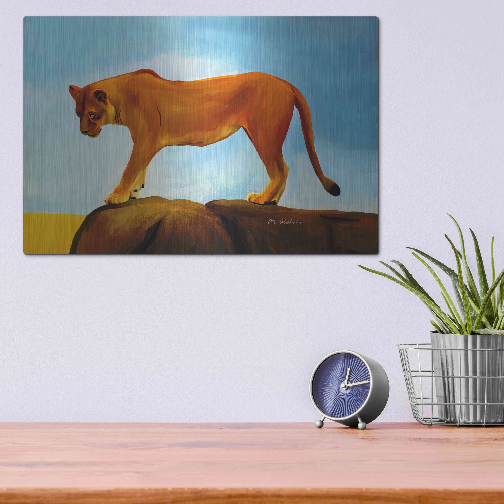 Luxe Metal Art 'Lioness On A Rock 1' by Ata Alishahi, Metal Wall Art,16x12