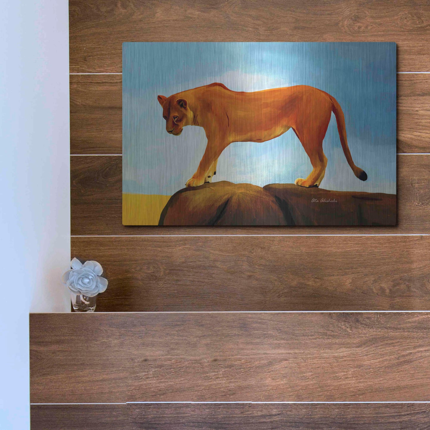 Luxe Metal Art 'Lioness On A Rock 1' by Ata Alishahi, Metal Wall Art,16x12