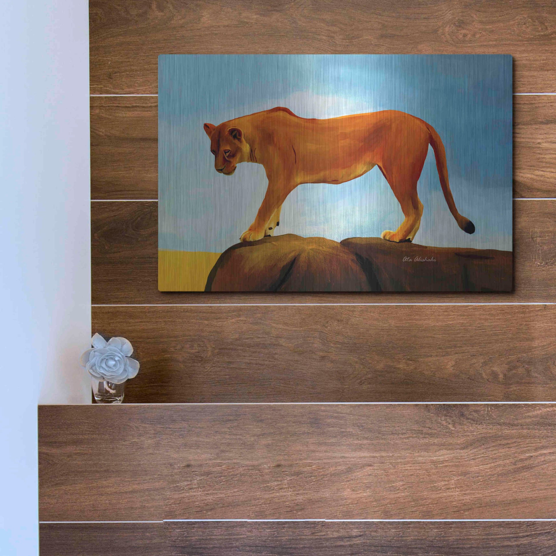 Luxe Metal Art 'Lioness On A Rock 1' by Ata Alishahi, Metal Wall Art,16x12
