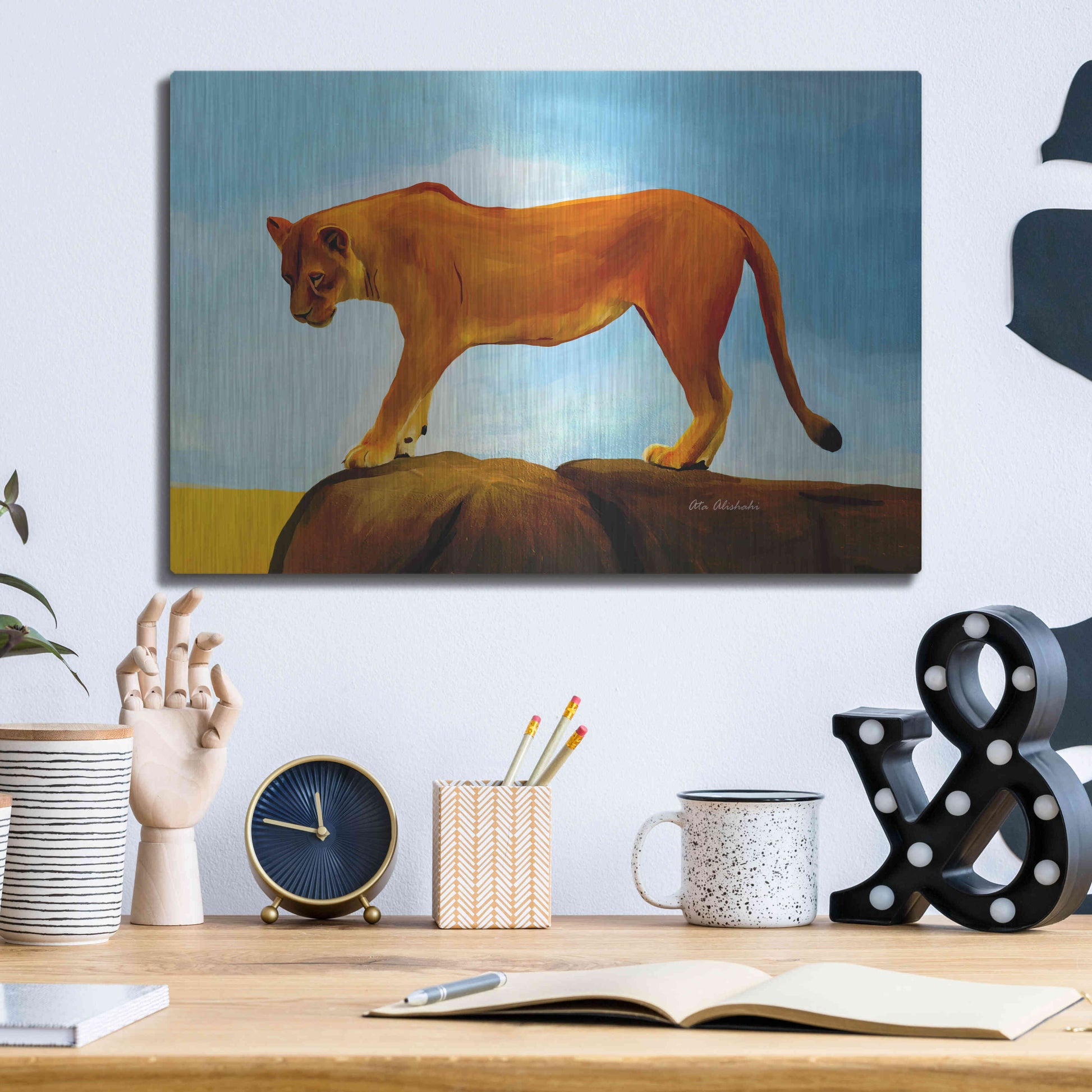 Luxe Metal Art 'Lioness On A Rock 1' by Ata Alishahi, Metal Wall Art,16x12
