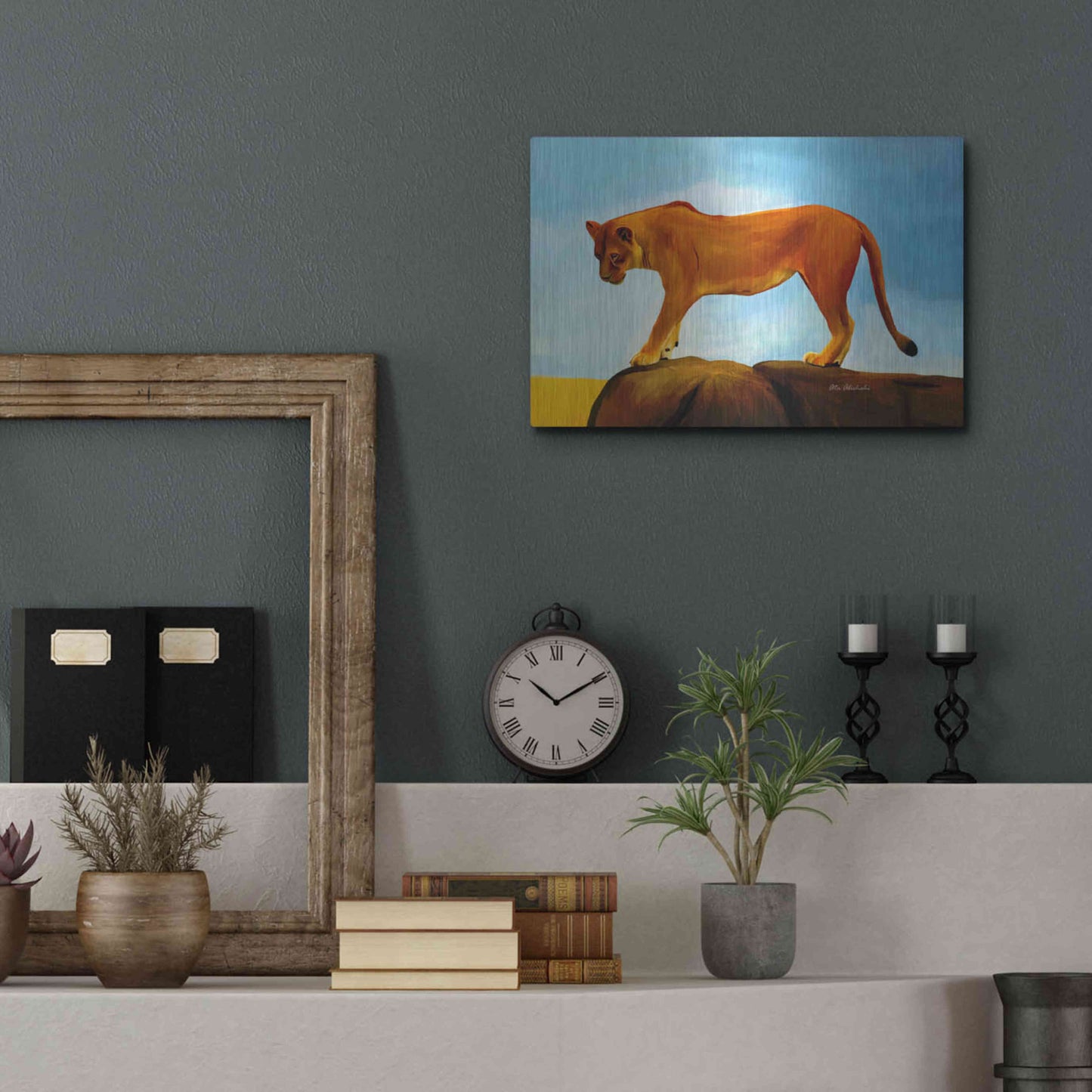 Luxe Metal Art 'Lioness On A Rock 1' by Ata Alishahi, Metal Wall Art,16x12