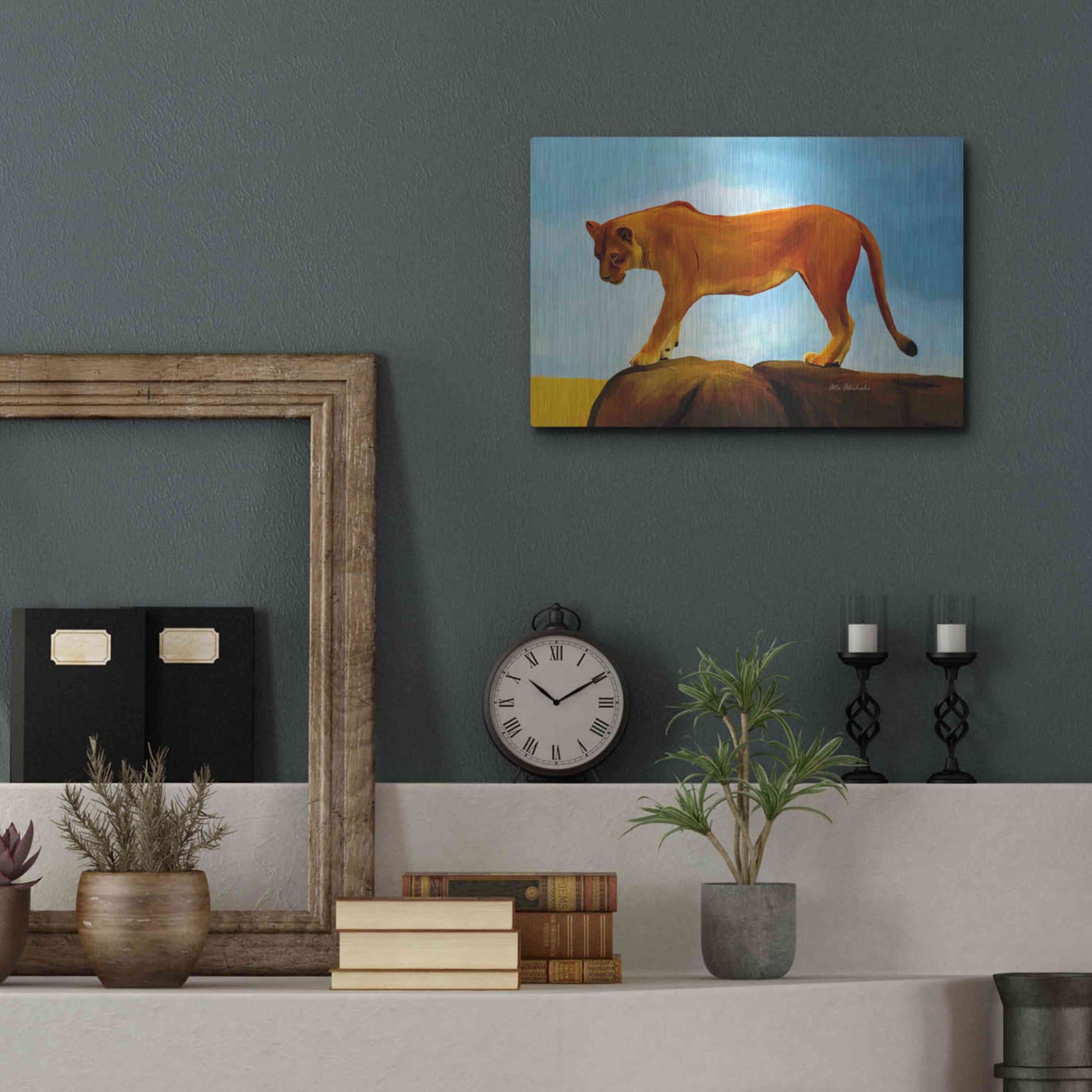 Luxe Metal Art 'Lioness On A Rock 1' by Ata Alishahi, Metal Wall Art,16x12