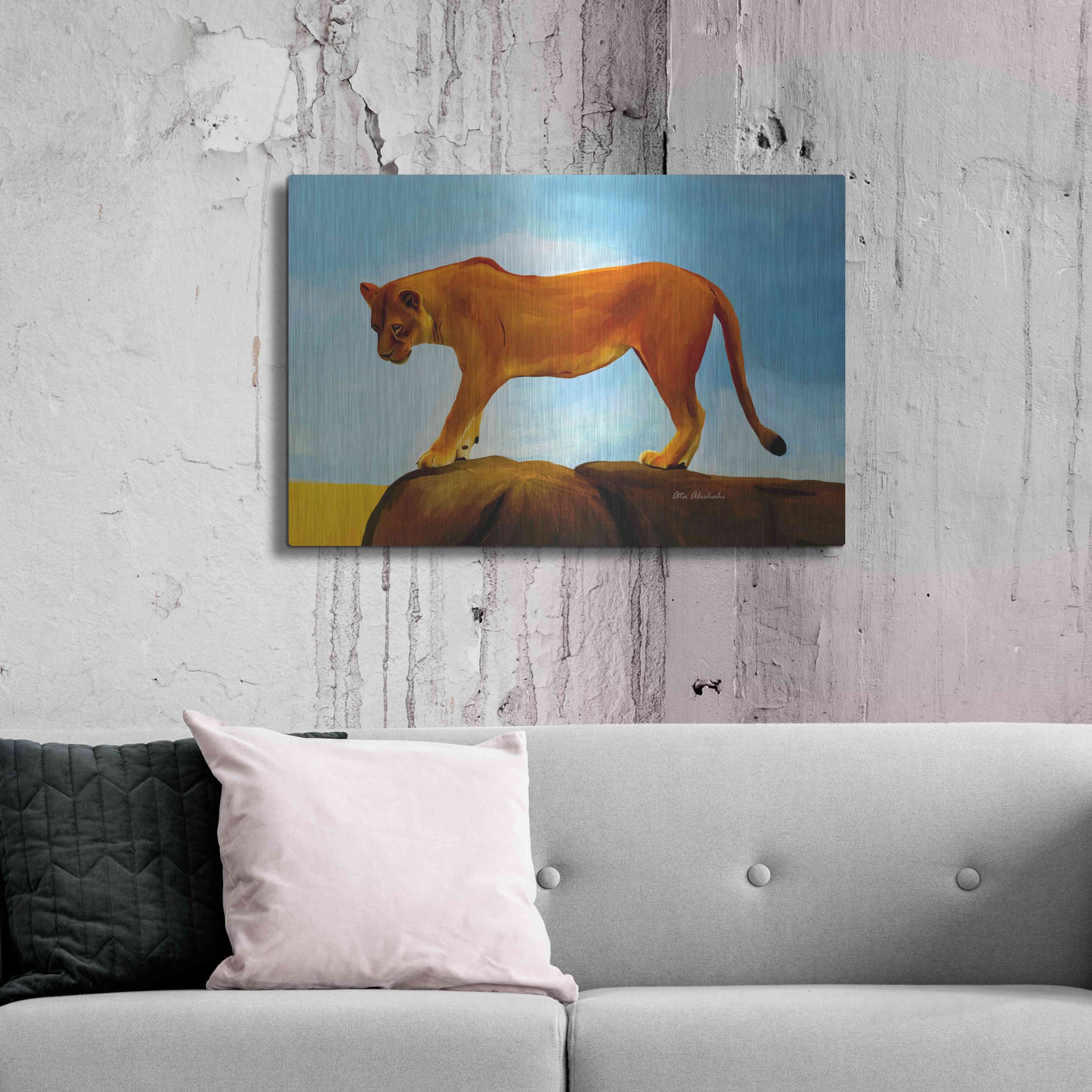 Luxe Metal Art 'Lioness On A Rock 1' by Ata Alishahi, Metal Wall Art,36x24