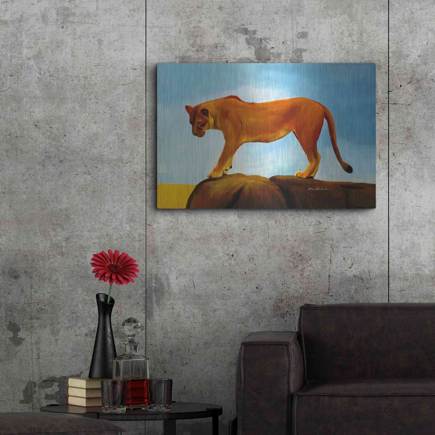 Luxe Metal Art 'Lioness On A Rock 1' by Ata Alishahi, Metal Wall Art,36x24