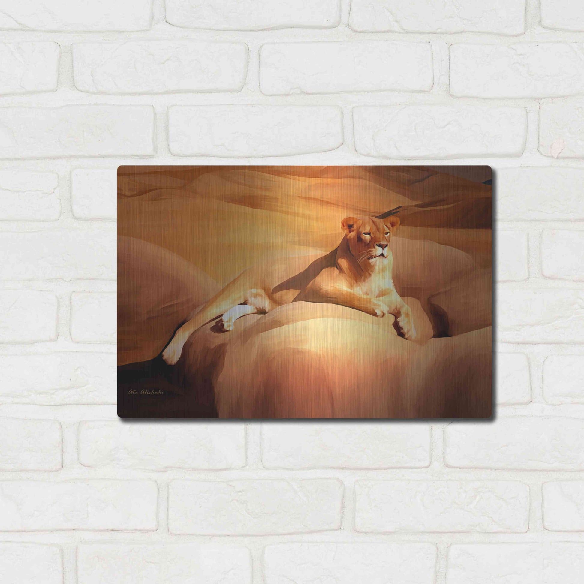 Luxe Metal Art 'Lioness On A Rock 2' by Ata Alishahi, Metal Wall Art,16x12