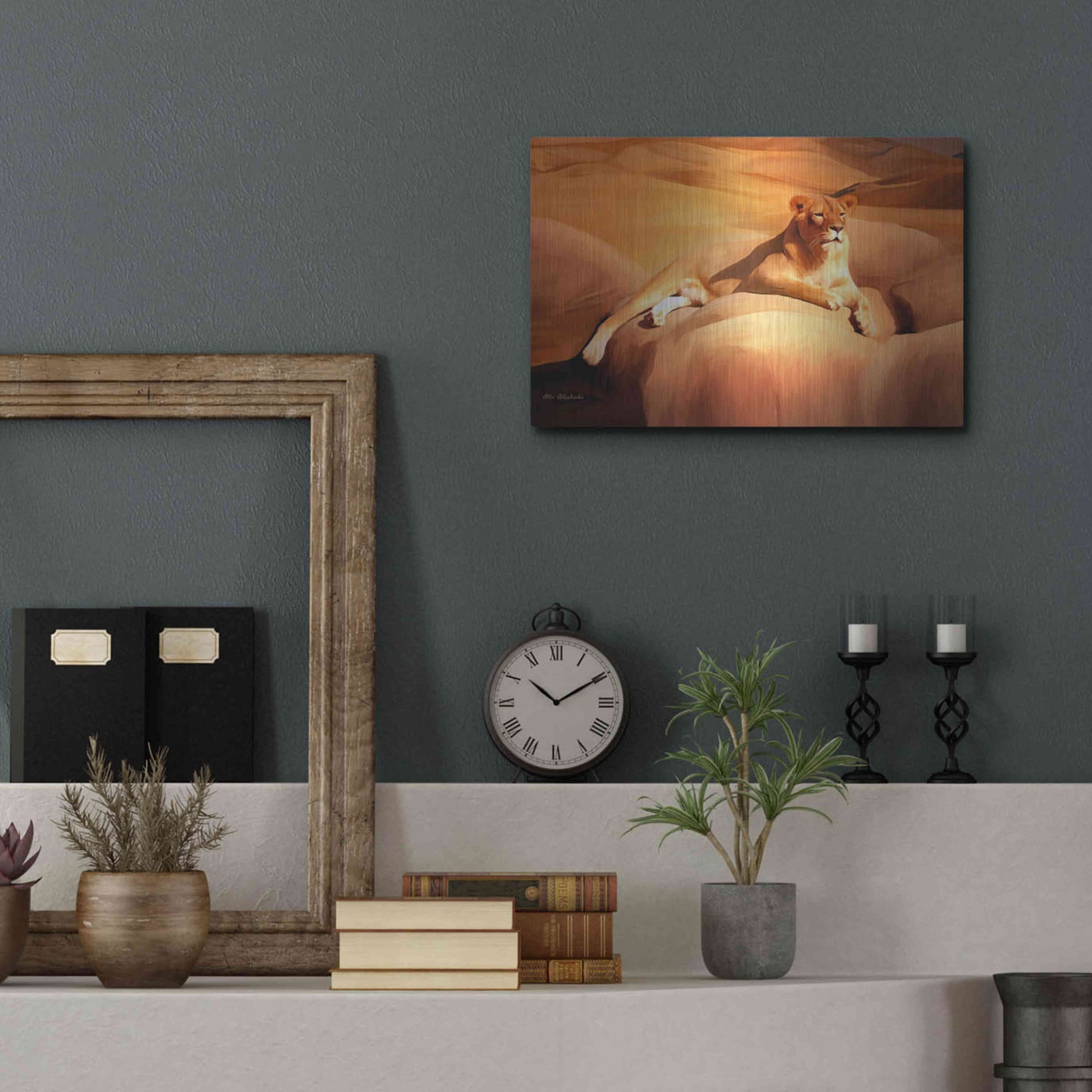 Luxe Metal Art 'Lioness On A Rock 2' by Ata Alishahi, Metal Wall Art,16x12