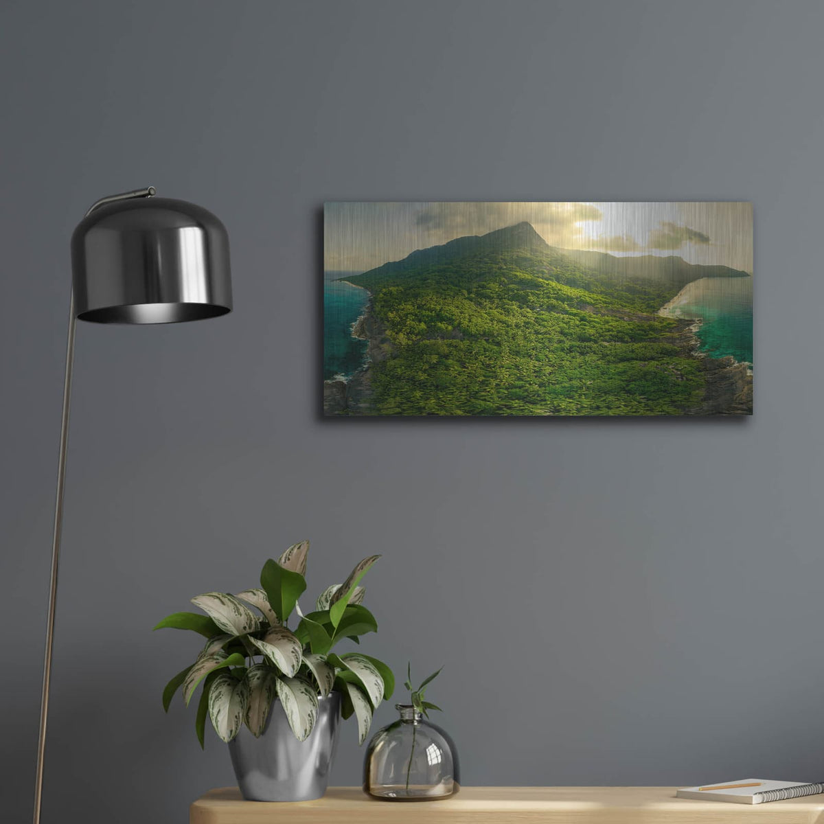 'Green Seychelles - Siloutte Island' by Luxe Portfolio – Metal Wall Art, 24x12 room view