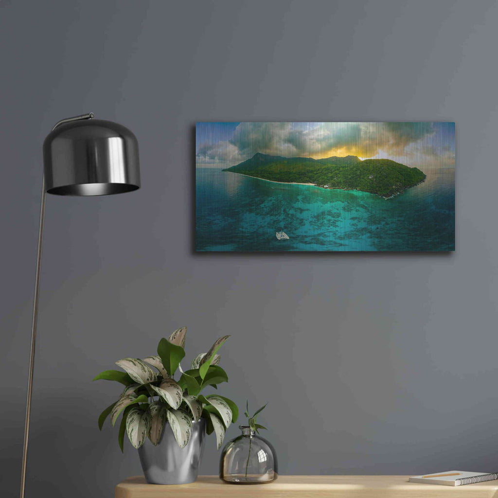 'Seychelles - Siloutte Island' by Luxe Portfolio – Metal Wall Art, 24x12 room view