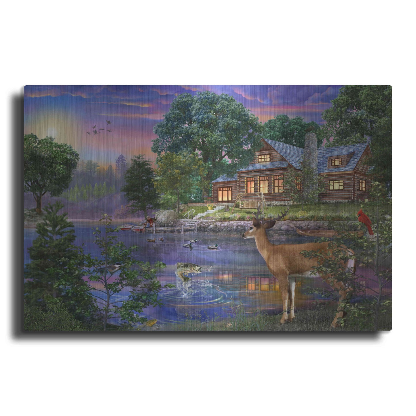 Luxe Metal Art 'White Tail Deer Lakehouse' by Bigelow Illustrations, Metal Wall Art