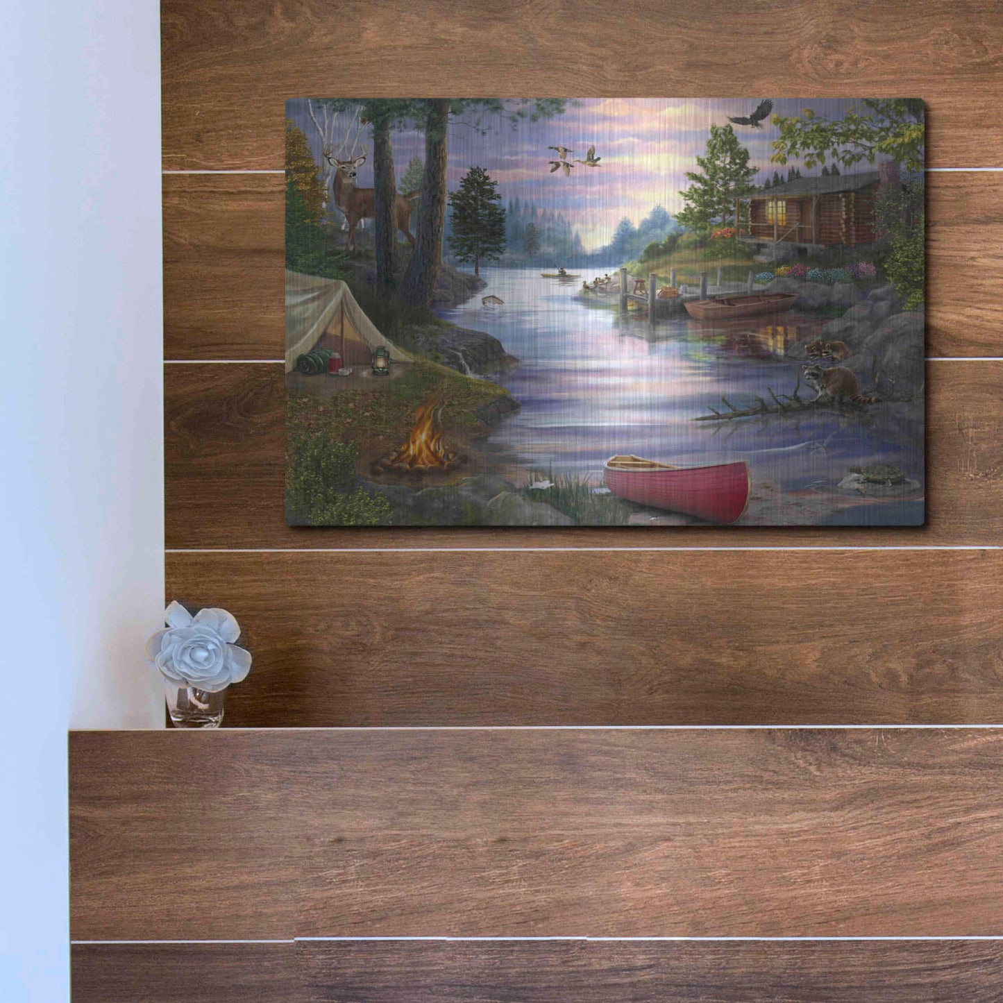 Luxe Metal Art 'Cabin Lake' by Bigelow Illustrations, Metal Wall Art,16x12