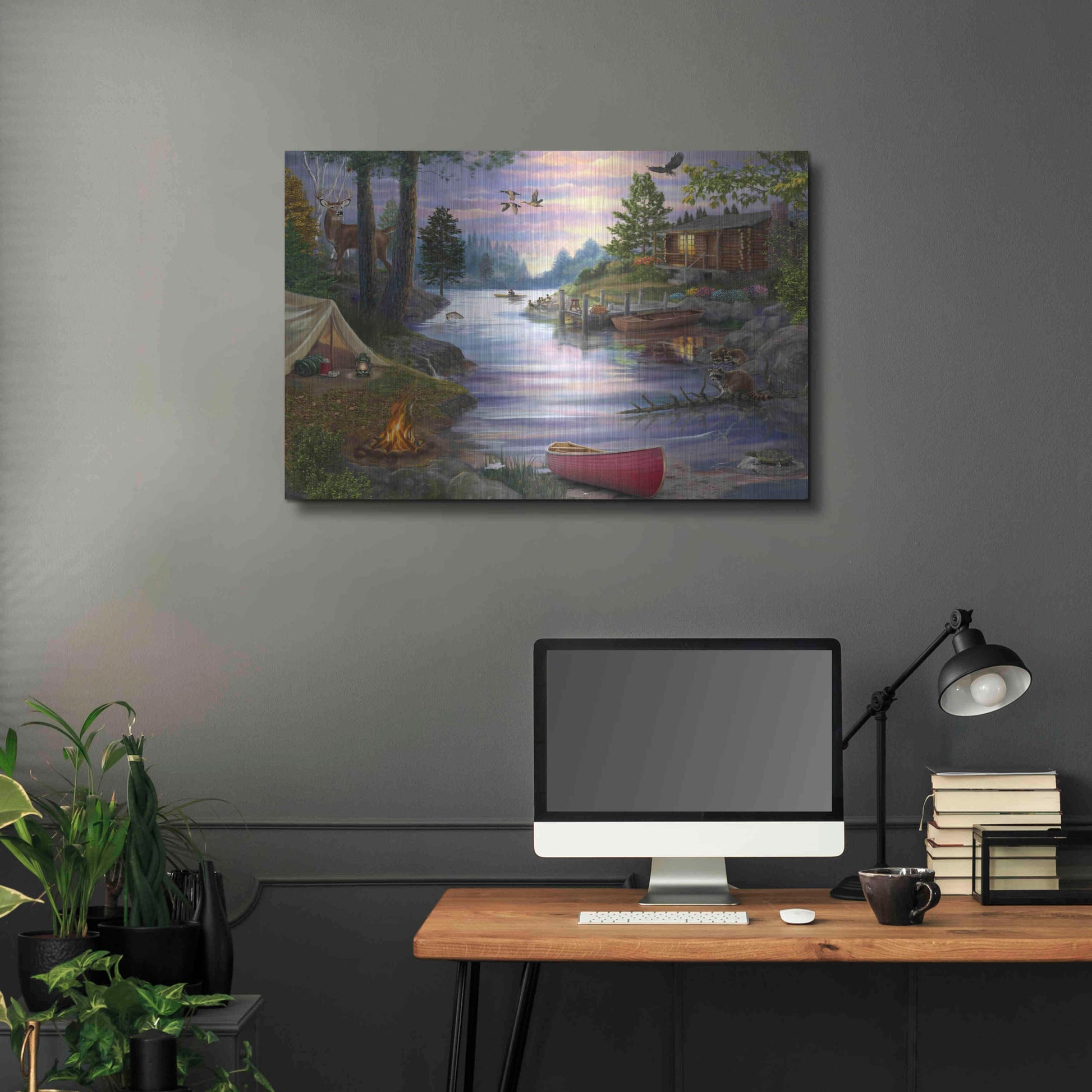 Luxe Metal Art 'Cabin Lake' by Bigelow Illustrations, Metal Wall Art,36x24