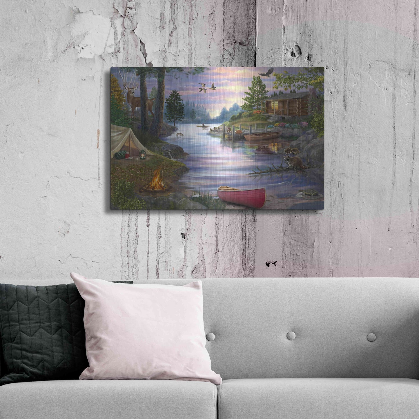 Luxe Metal Art 'Cabin Lake' by Bigelow Illustrations, Metal Wall Art,36x24