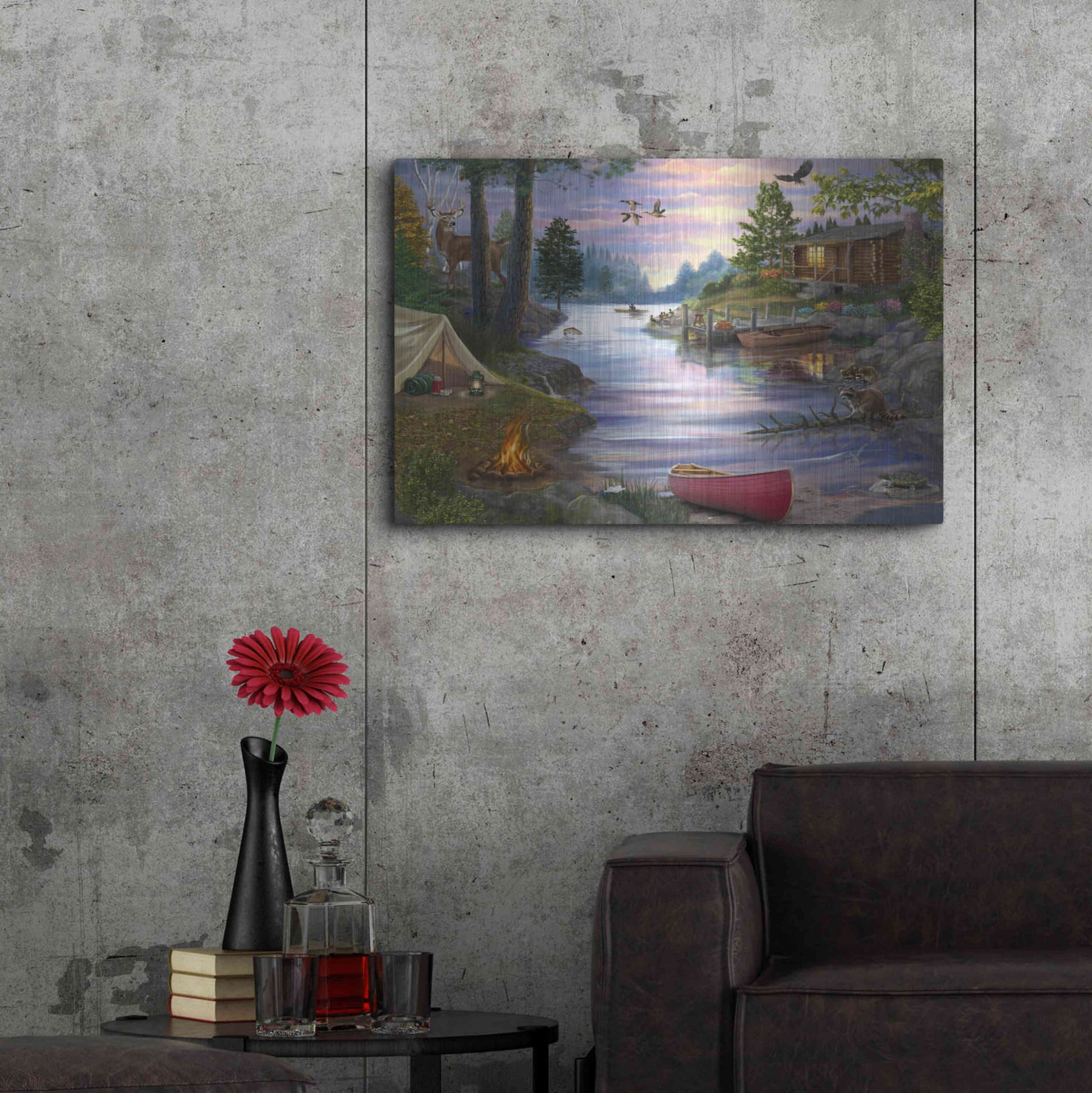 Luxe Metal Art 'Cabin Lake' by Bigelow Illustrations, Metal Wall Art,36x24