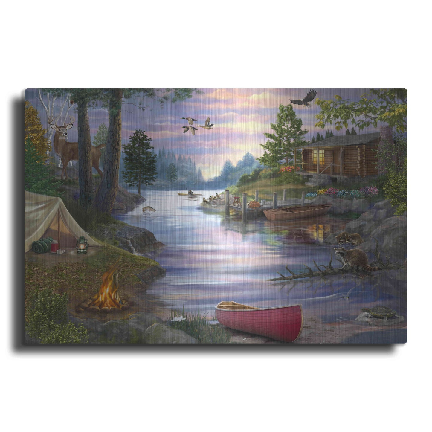 Luxe Metal Art 'Cabin Lake' by Bigelow Illustrations, Metal Wall Art