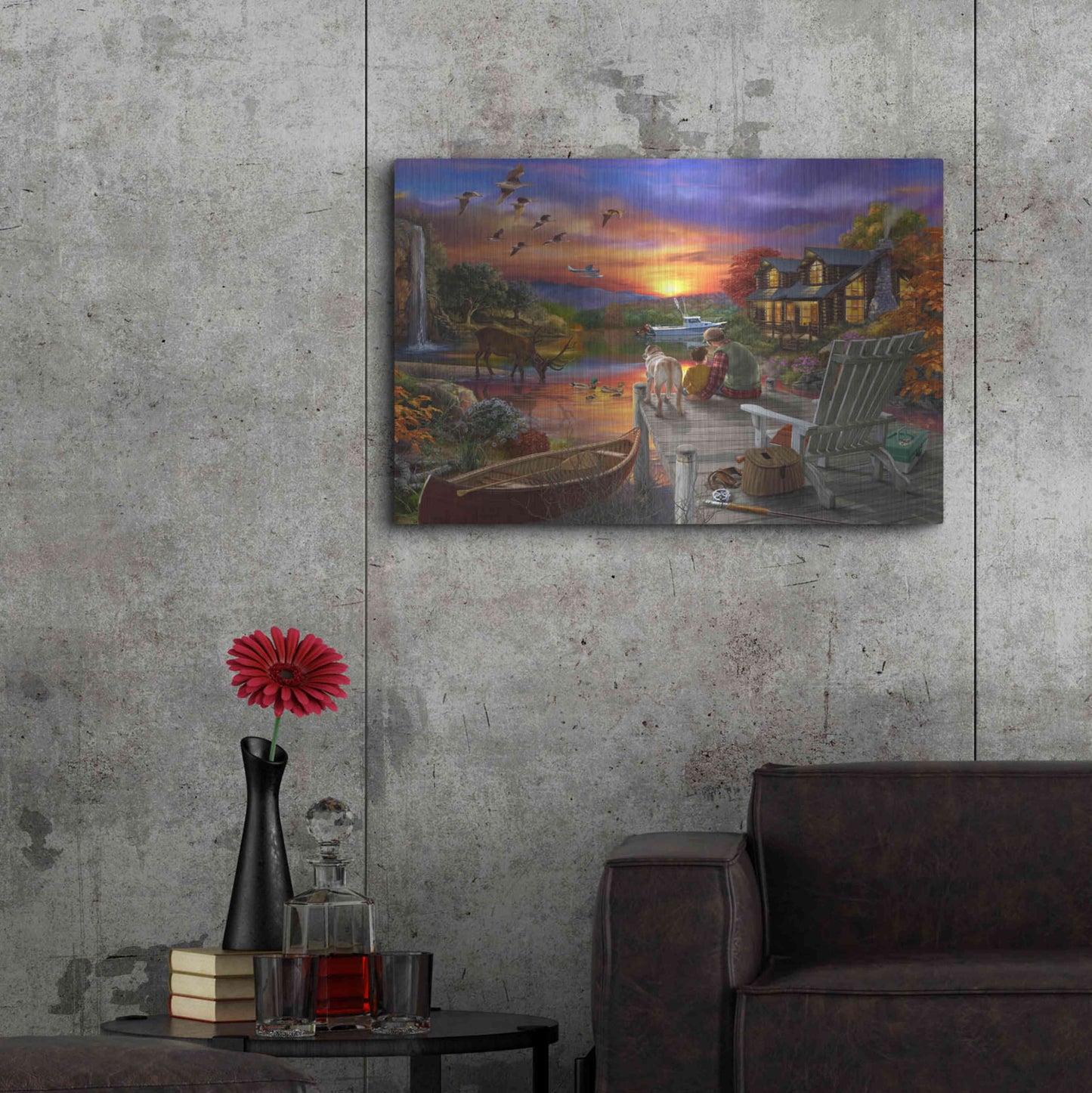 Luxe Metal Art 'Sunset Cabin 11-25' by Bigelow Illustrations, Metal Wall Art,36x24