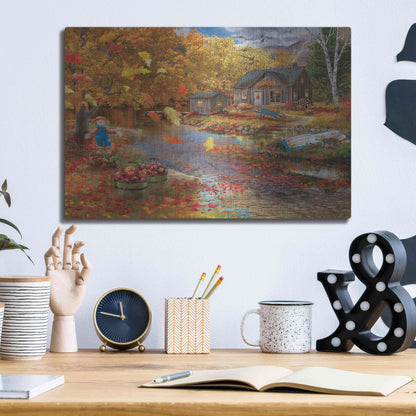 Luxe Metal Art 'Autumn Cabin' by Bigelow Illustrations, Metal Wall Art,16x12