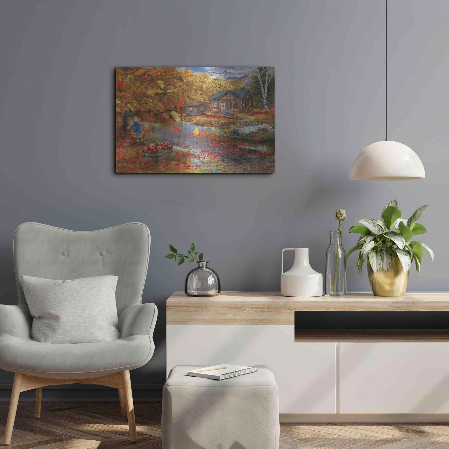 Luxe Metal Art 'Autumn Cabin' by Bigelow Illustrations, Metal Wall Art,24x16