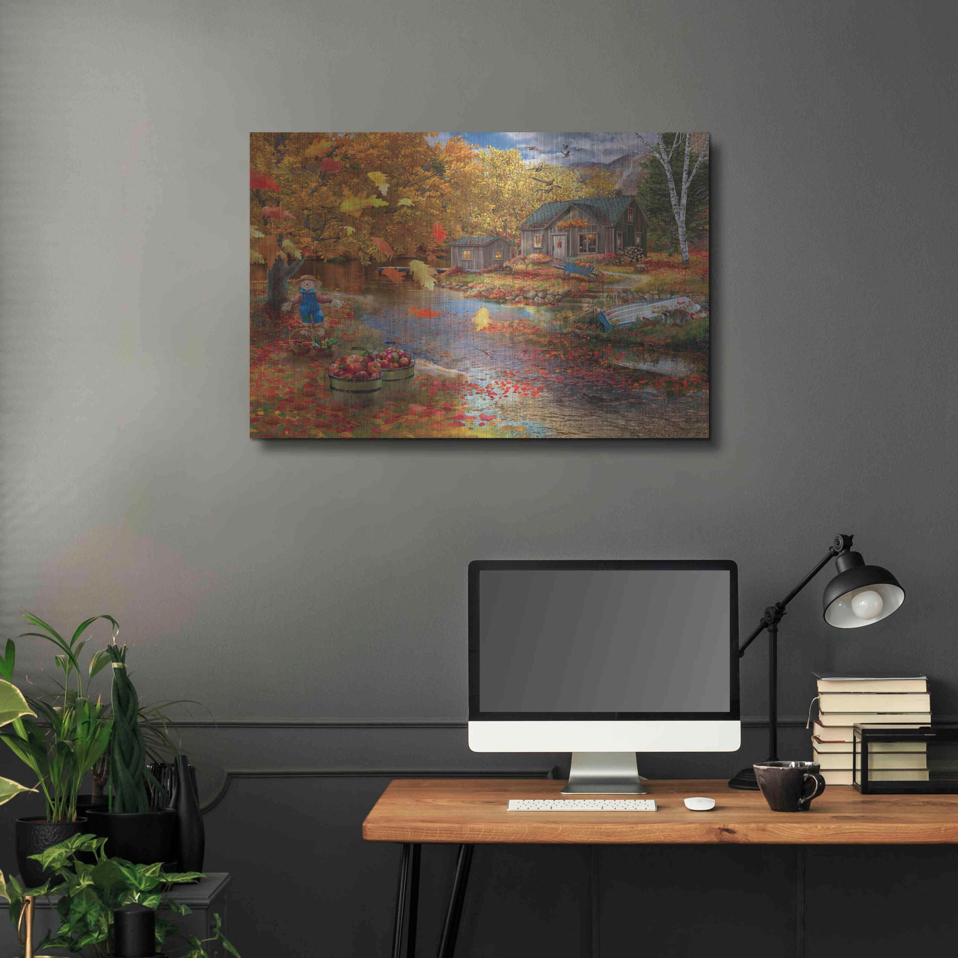 Luxe Metal Art 'Autumn Cabin' by Bigelow Illustrations, Metal Wall Art,36x24